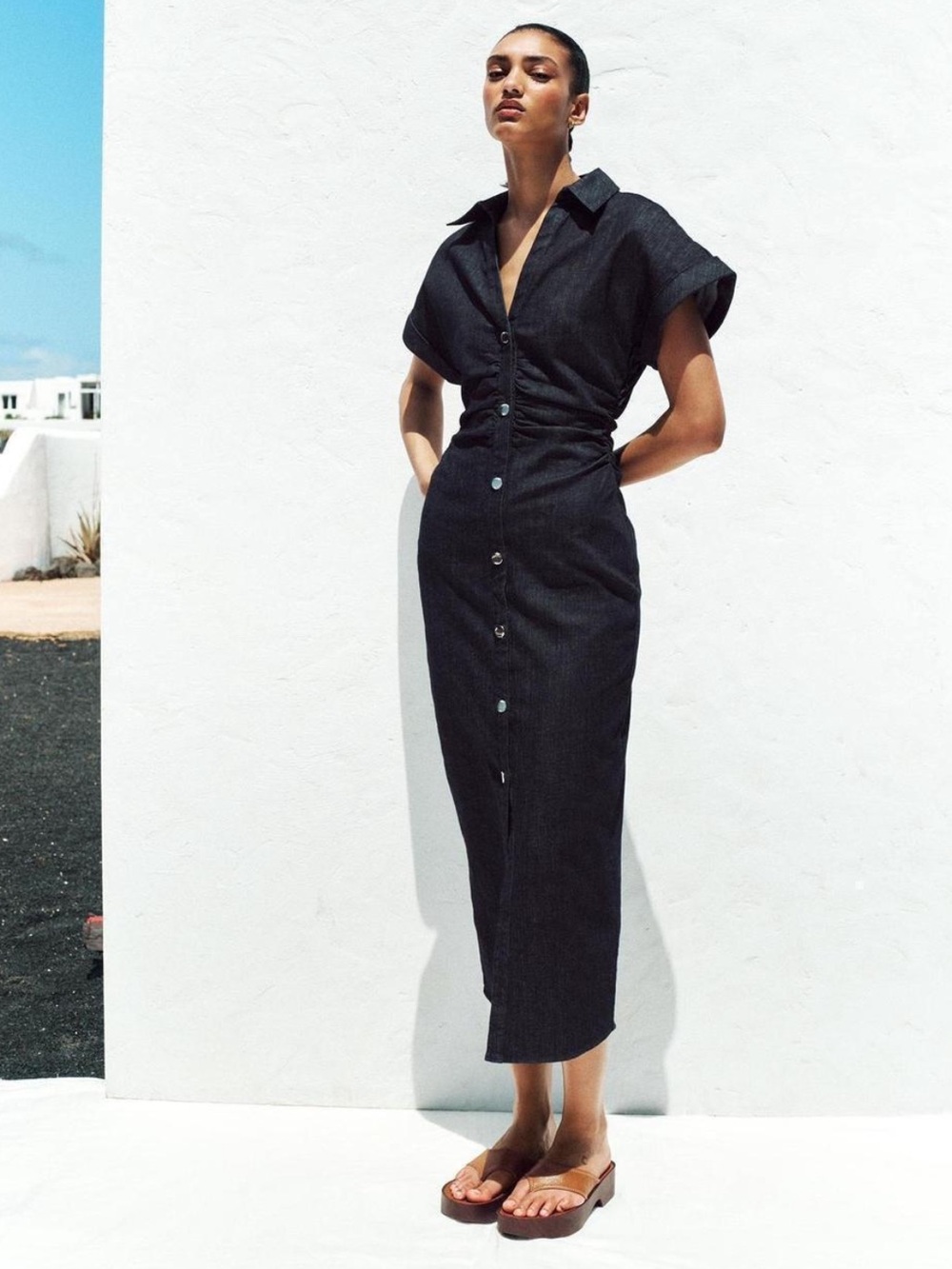 Zara Black Button-Front Midi Dress